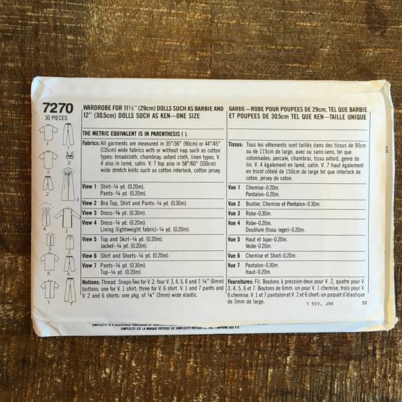 Simplicity Sewing Pattern 7270 11.5” Fashion Doll Casual Clothes Barbie UNCUT - Picture 2 of 2